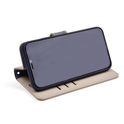SafeSleeve Case for iPhone displayed open in stand position, showing beige interior and dark exterior with card slots.