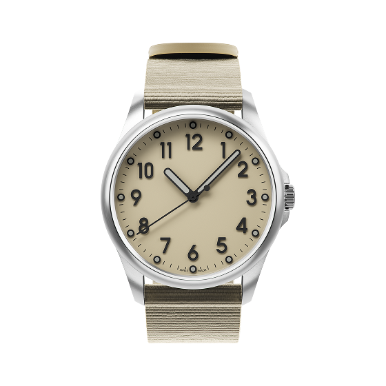 Mudita Radiant Sand Beige automatic field watch - three-quarter view