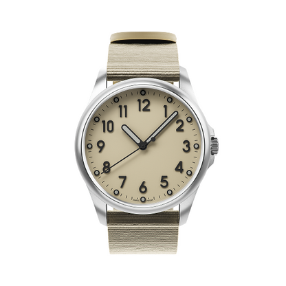 Mudita Radiant Sand Beige automatic field watch - three-quarter view