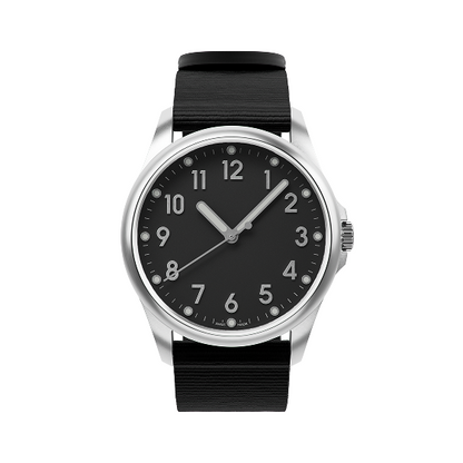 Mudita Radiant Charcoal Black automatic field watch - three-quarter view