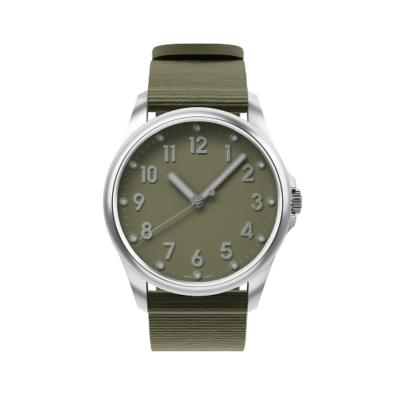 Mudita Radiant Moss Green automatic field watch - three-quarter view