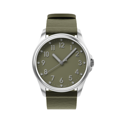 Mudita Radiant Moss Green automatic field watch - three-quarter view