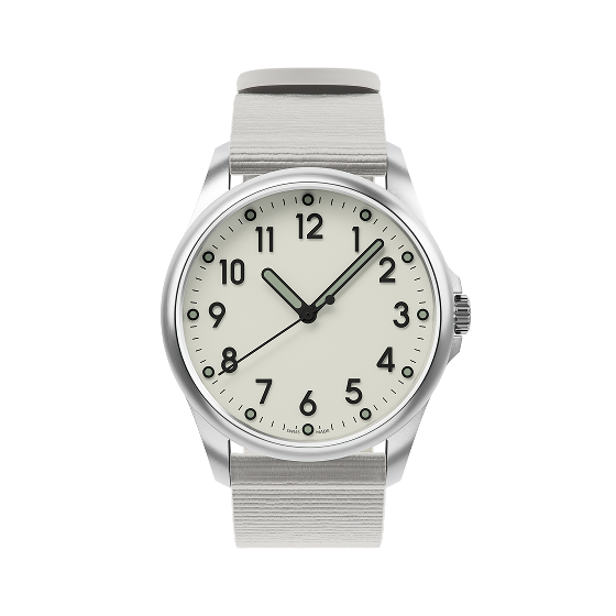 Mudita Radiant Natural White automatic field watch - three-quarter view