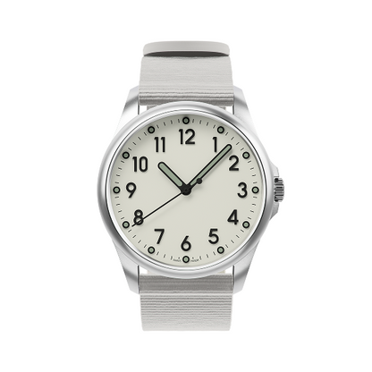Mudita Radiant Natural White automatic field watch - three-quarter view