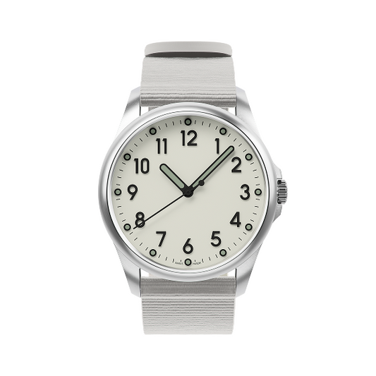 Mudita Radiant Natural White automatic field watch - three-quarter view