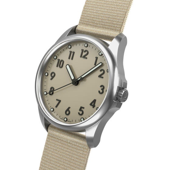 Mudita Radiant Sand Beige automatic field watch - side view