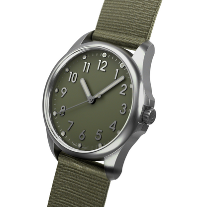 Mudita Radiant Moss Green automatic field watch - side view