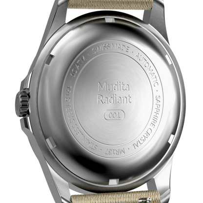 Mudita Radiant Sand Beige automatic field watch - back view