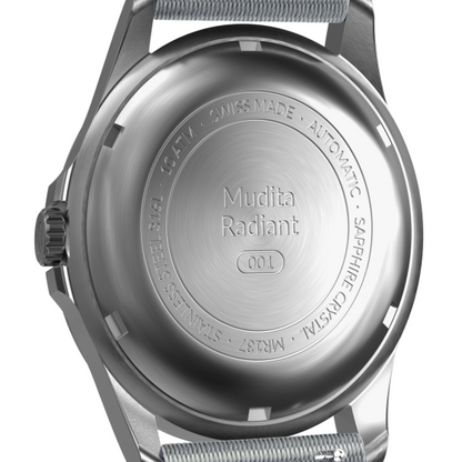 Mudita Radiant Pebble Gray automatic field watch - back view