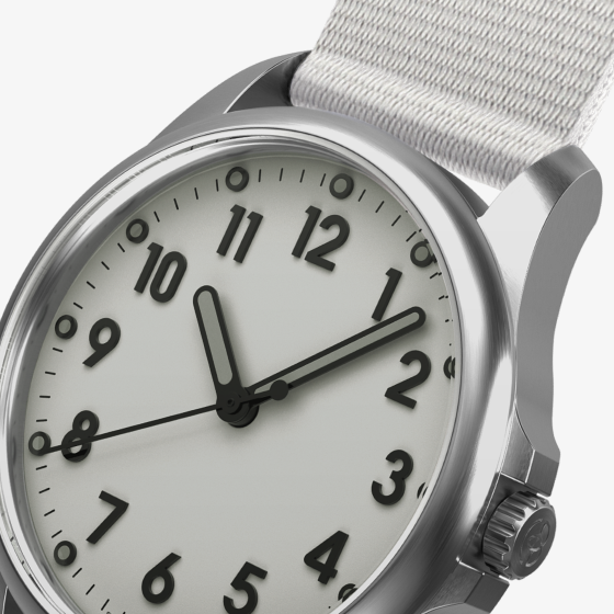Mudita Radiant Natural White automatic field watch - dial closeup