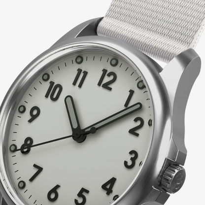 Mudita Radiant Natural White automatic field watch - dial closeup
