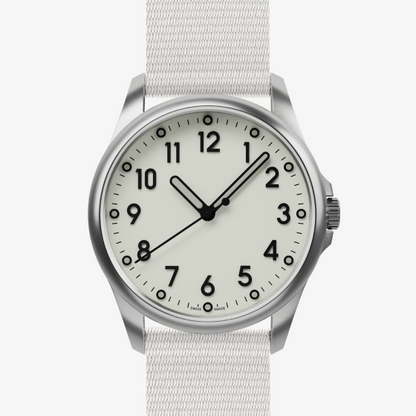 Mudita Radiant Natural White automatic field watch - front view