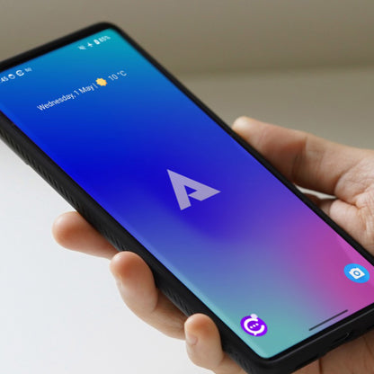 Hand holding black smartphone displaying blue-to-pink gradient lock screen with arrow logo and weather details for Wednesday, May 1st.