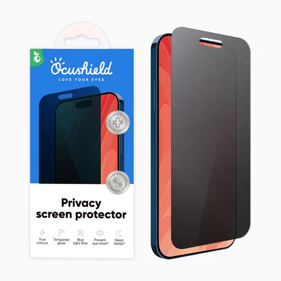 Ocushield Privacy Screen Protector displayed open, showing dark tinted protective film with red and navy trim on smartphone case.