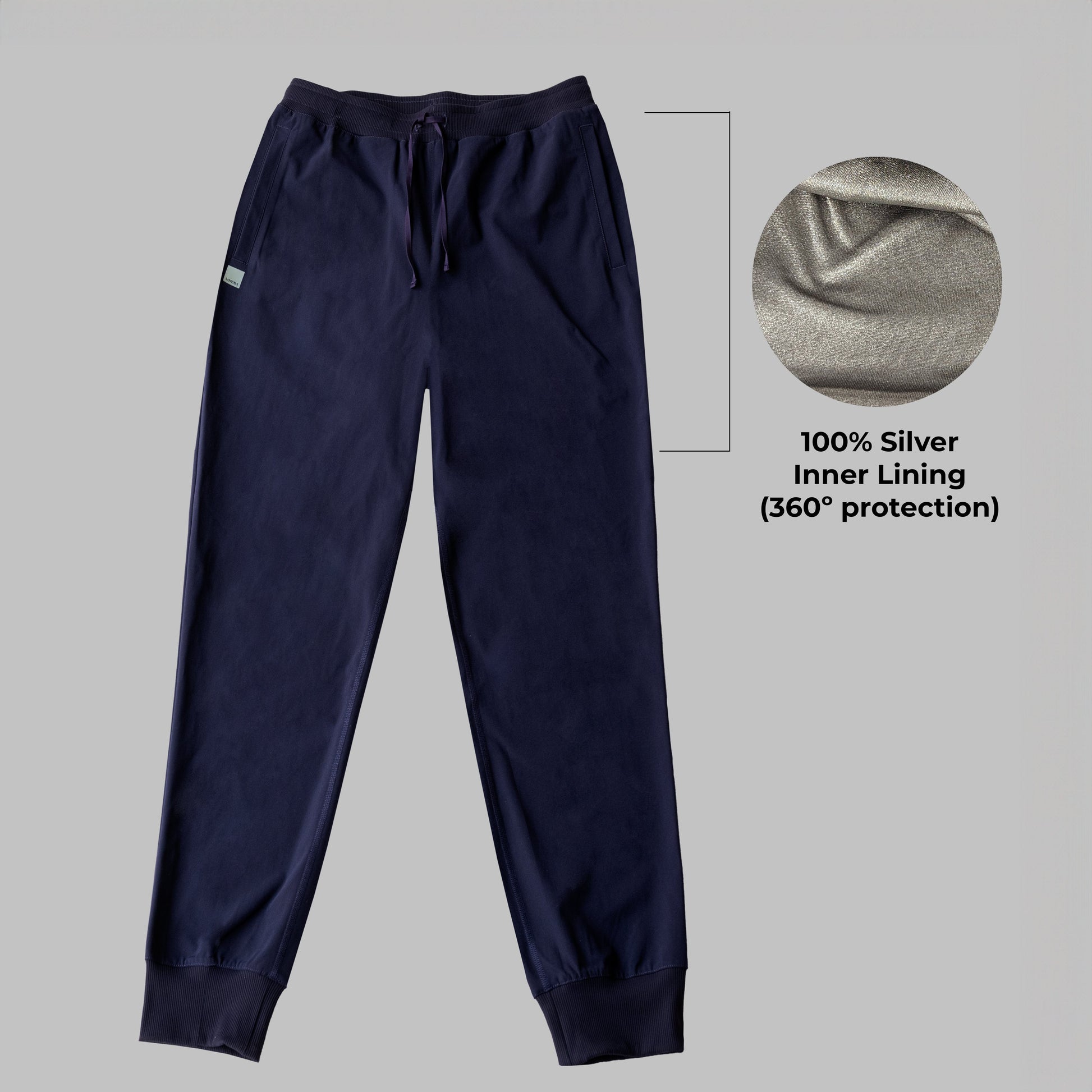 Navy HAVN WaveStopper™ Joggers with closeup detail of 100% silver inner lining providing 360° protection.