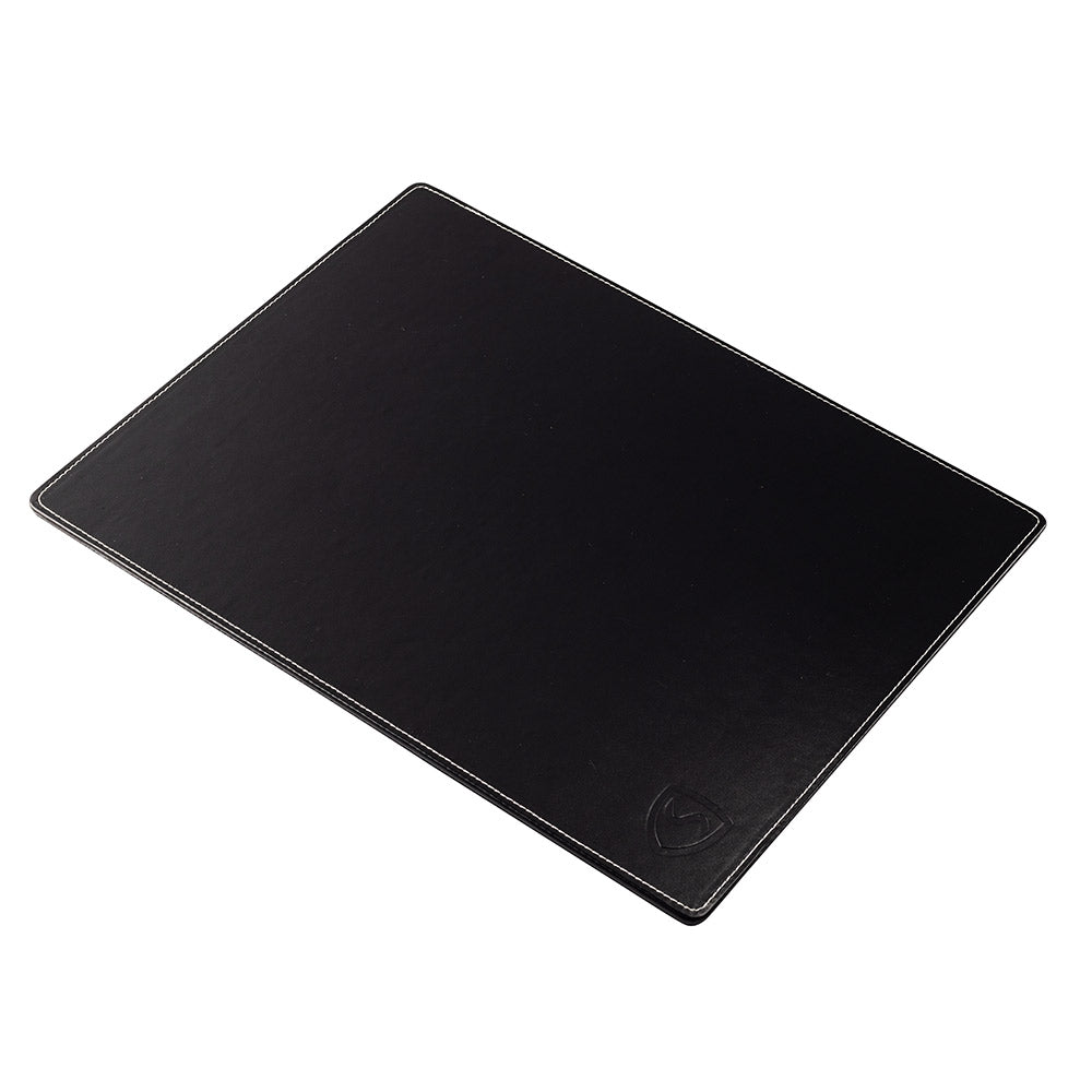 Black SYB Laptop Pad displayed at an angle on white background, showing smooth surface with embossed logo in lower right corner.