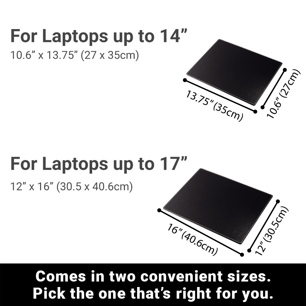 SYB Laptop Pad size comparison showing two black protective pads: 14" model (10.6" x 13.75") and 17" model (12" x 16") with labeled dimensions.