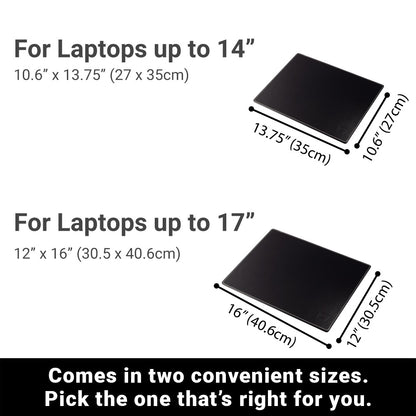 SYB Laptop Pad size comparison showing two black protective pads: 14" model (10.6" x 13.75") and 17" model (12" x 16") with labeled dimensions.