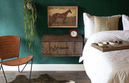 Bagby EMF-Free Classic Silent Analog Alarm Clock displayed on wooden nightstand in modern bedroom with teal walls.