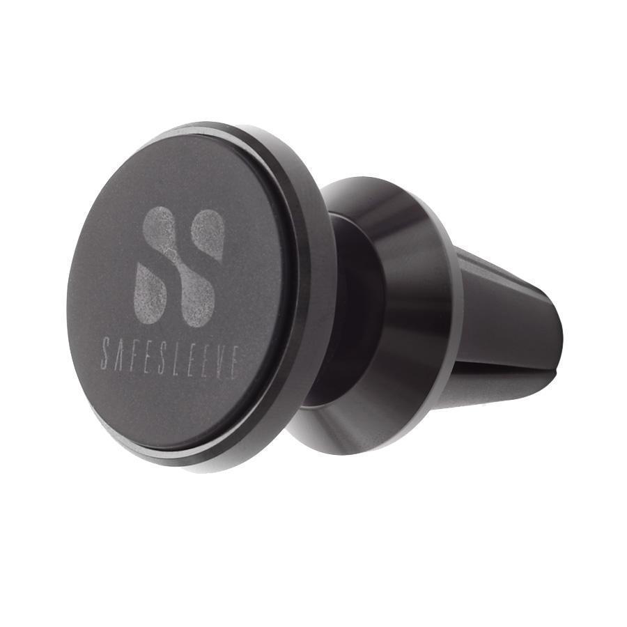 SafeSleeve magnetic car mount with circular metal plate and vent clip attachment, front view.