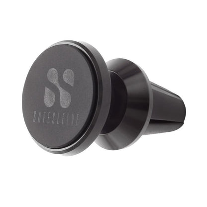 SafeSleeve magnetic car mount with circular metal plate and vent clip attachment, front view.