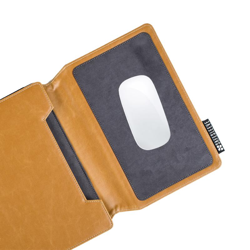 SafeSleeve laptop case opened flat showing tan leather exterior and dark gray interior with white mouse pad area.