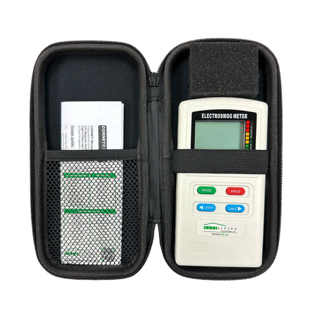 Cornet ED98QPro5G Quad Mode Meter displayed open in black hard case with documentation and mesh pocket.