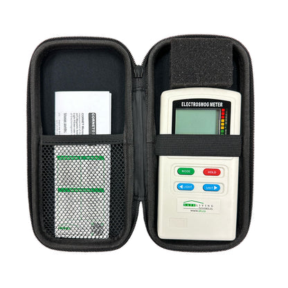 Cornet ED98QPro5G Quad Mode Meter displayed open in black hard case with documentation and mesh pocket.
