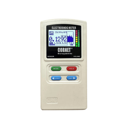Cornet ED98QPro5G Quad Mode Meter displaying electromagnetic field readings on LCD screen with MODE, HOLD, LIGHT, and UNIT buttons visible.