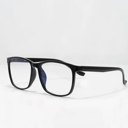 Black Ocushield Clear All-Day Blue Light Glasses displayed at a three-quarter angle against a white background, showing the frame design and blue light filter lenses.