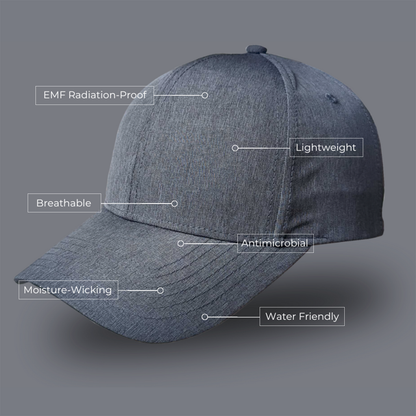 HAVN WaveStopper™ Performance Cap with labeled features: EMF Radiation-Proof, Lightweight, Breathable, Antimicrobial, Moisture-Wicking, and Water Friendly.
