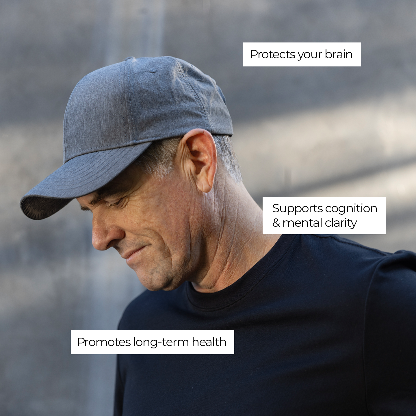 Man wearing gray HAVN WaveStopper™ Performance Cap in profile with text labels highlighting brain protection, cognition support, and long-term health benefits.