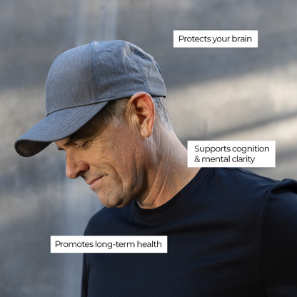Man wearing gray HAVN WaveStopper™ Performance Cap in profile with text labels highlighting brain protection, cognition support, and long-term health benefits.