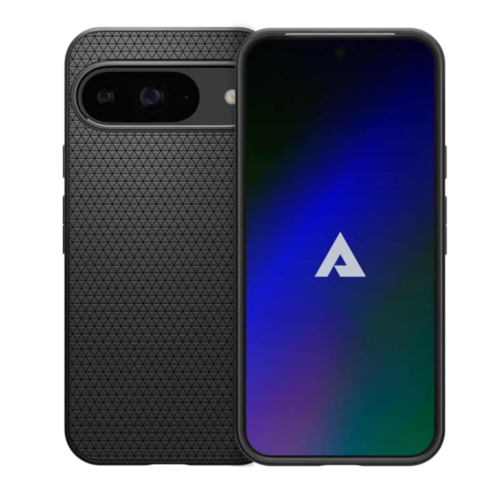 Black smartphone with textured back case and dual rear cameras, displayed next to screen showing blue gradient wallpaper with white triangle logo.