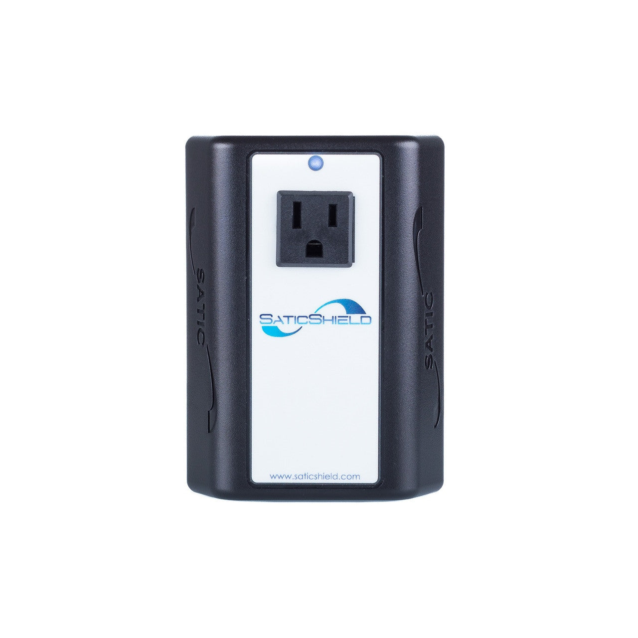 SaticShield Dirty Electricity Filter plug-in adapter with standard outlet and blue indicator light, front view.
