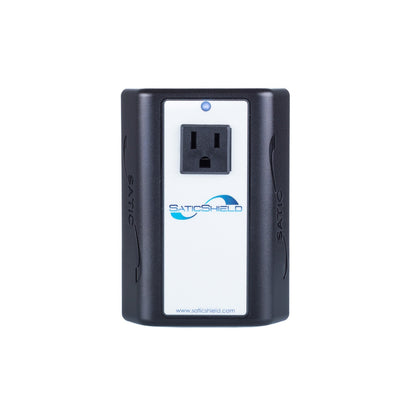 SaticShield Dirty Electricity Filter plug-in adapter with standard outlet and blue indicator light, front view.