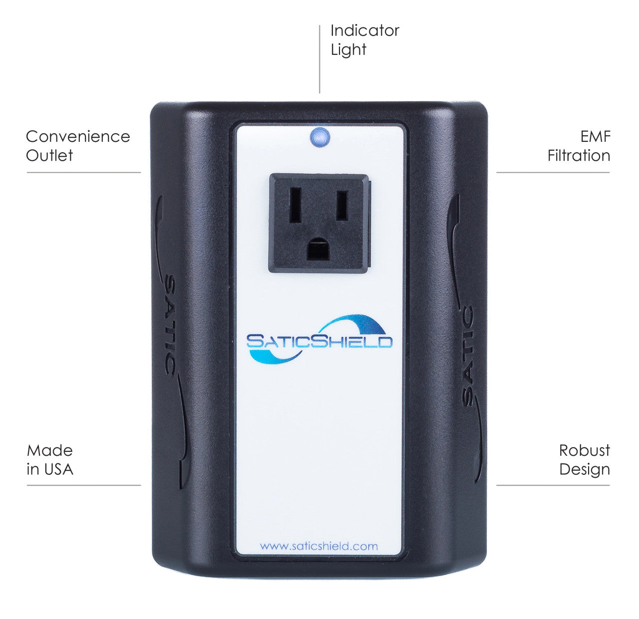 SaticShield dirty electricity filter front view showing convenience outlet, indicator light, and labeled features including EMF filtration and robust design.