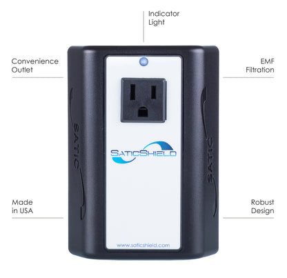 SaticShield dirty electricity filter front view showing convenience outlet, indicator light, and labeled features including EMF filtration and robust design.
