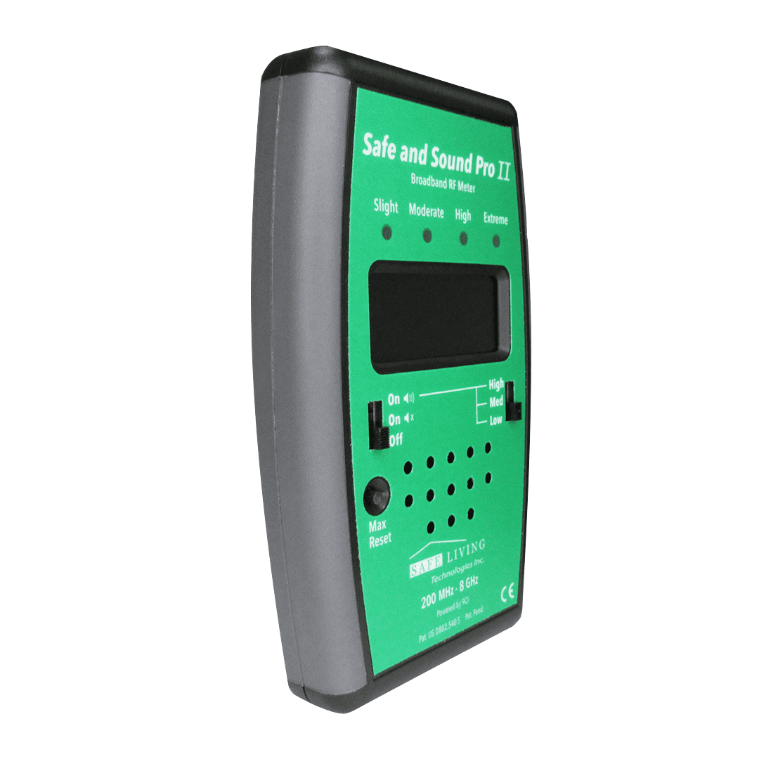 Safe and Sound Pro II RF Meter handheld device with green face, digital display, and four indicator lights for radiation levels.