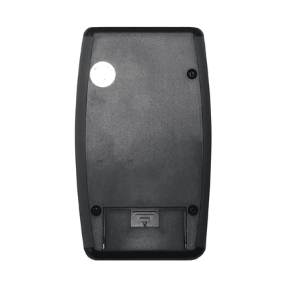 Back view of SLT Safe and Sound Pro II RF Meter showing battery compartment, screw holes, and sensor port.