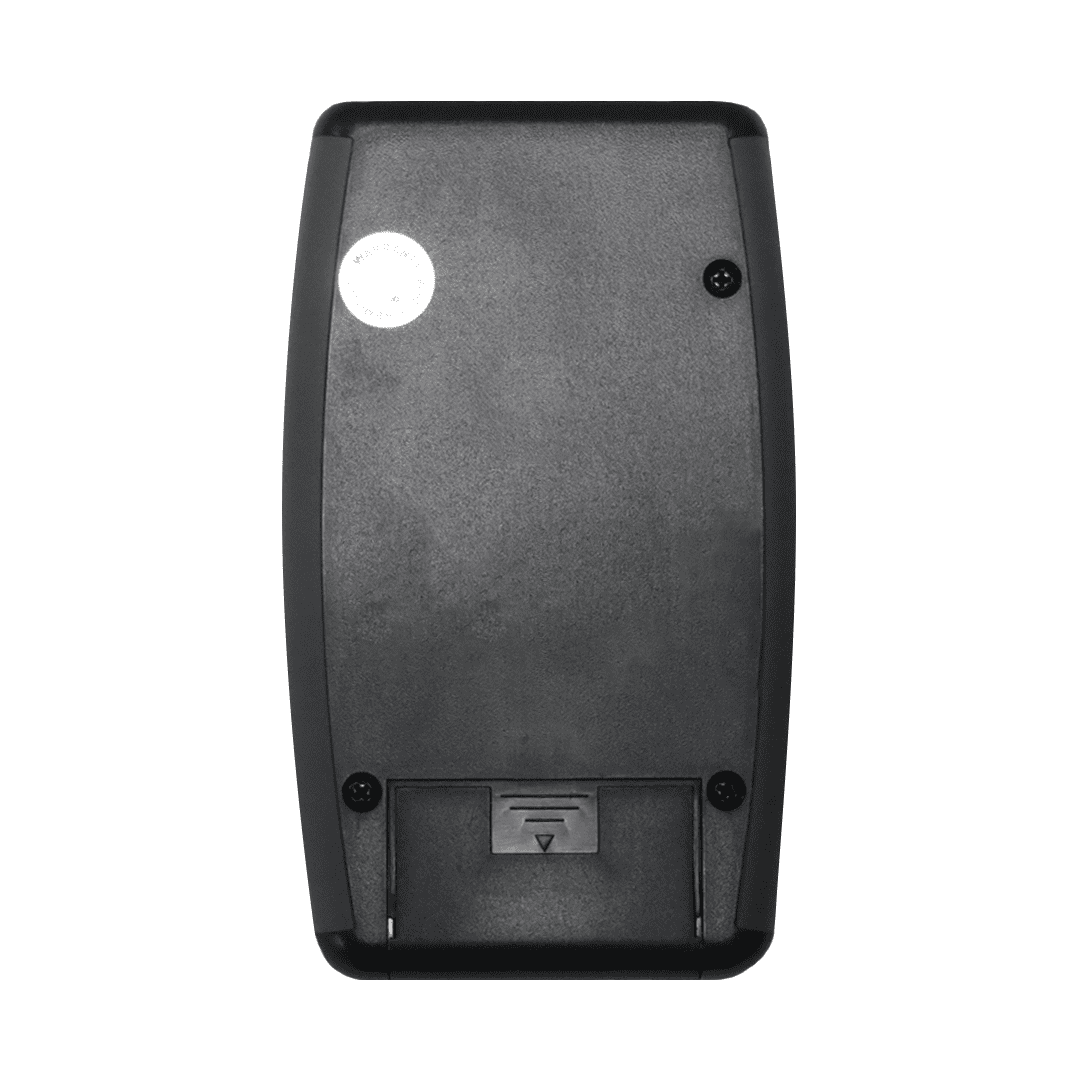 Back view of SLT Pro RF Meter Kit showing dark gray casing with screw holes, white circular label, and battery compartment door.