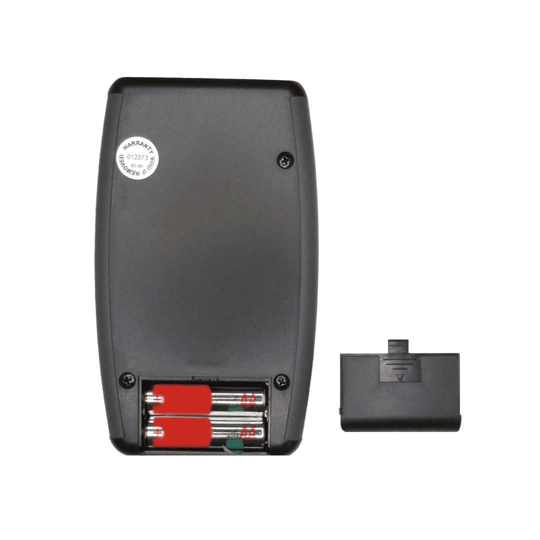 SLT Pro RF Meter Kit showing back view with open battery compartment containing two red batteries and detached battery cover.