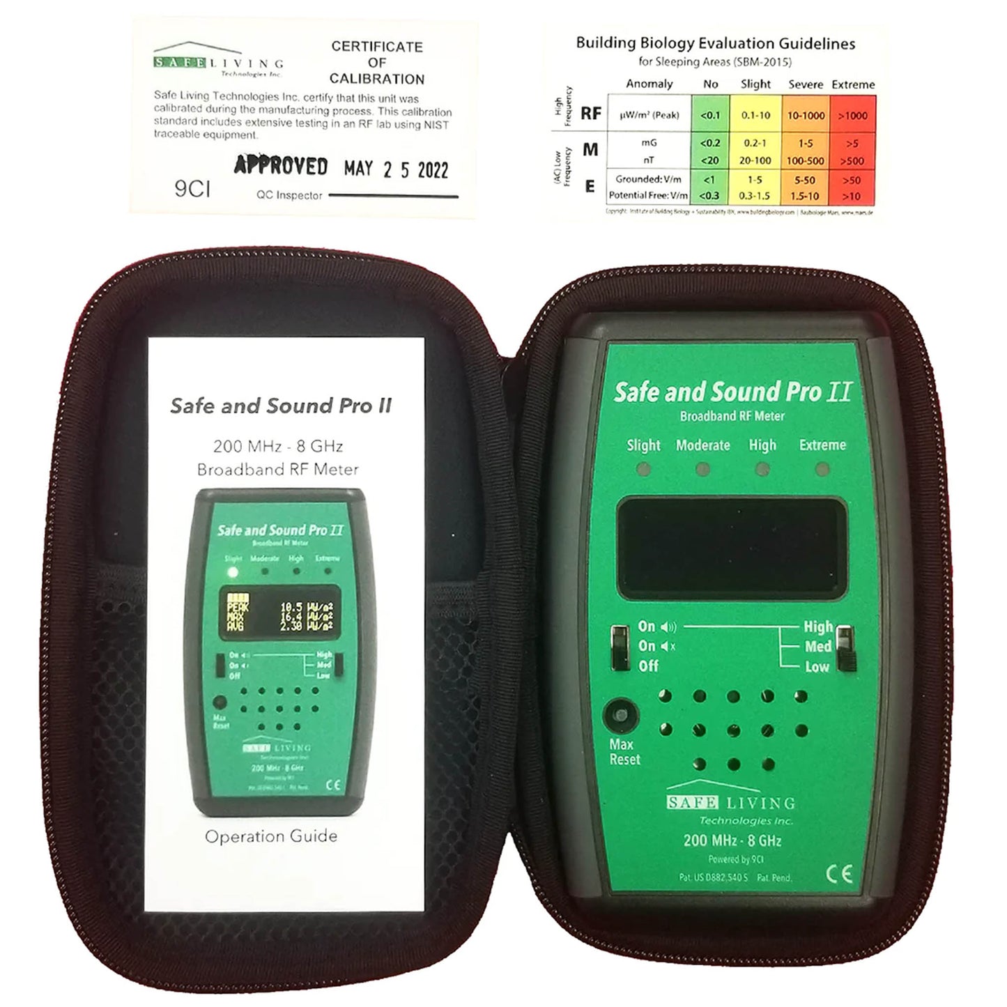 Safe and Sound Pro II RF Meter Kit with calibration certificate and operation guide in protective case.