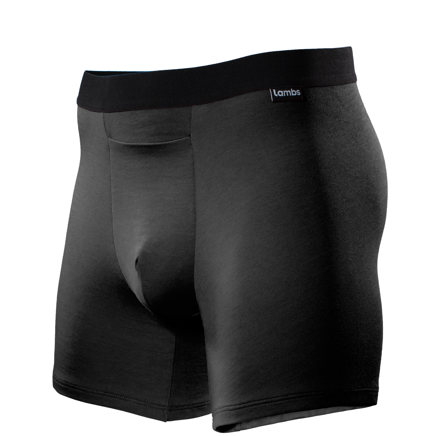 HAVN WaveStopper™ Boxer Briefs 2.0 in black with gray accents, angled side view showing fit and waistband design.
