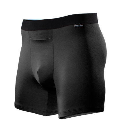 HAVN WaveStopper™ Boxer Briefs 2.0 in black with gray accents, angled side view showing fit and waistband design.