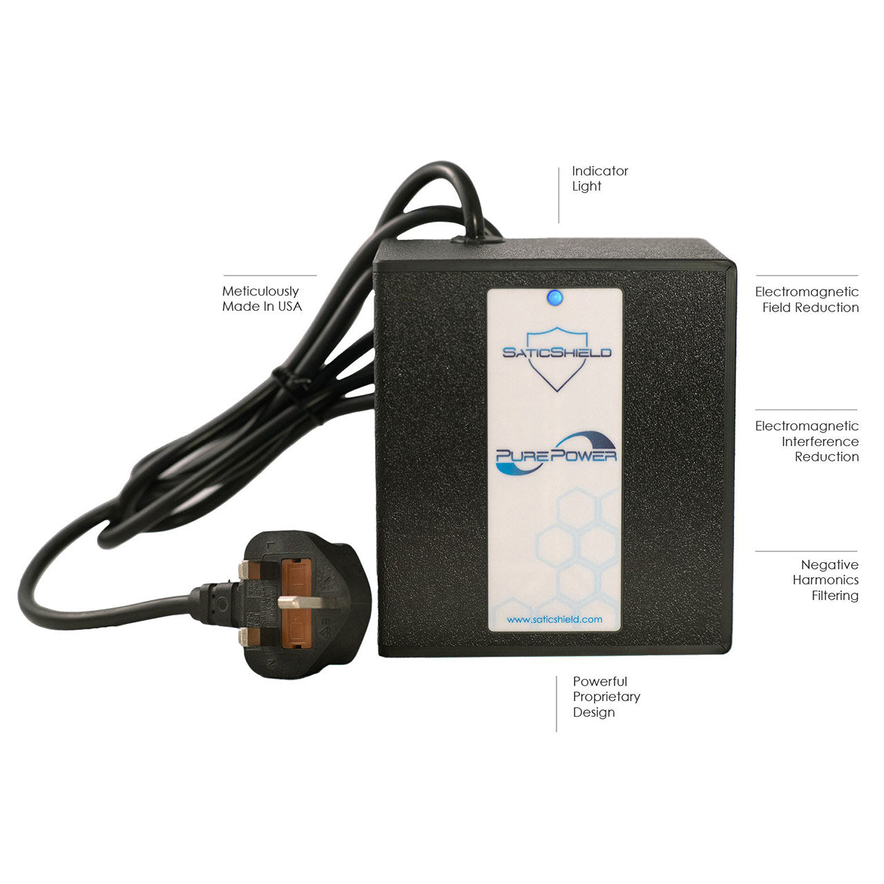 SaticShield Pure Power plug-in filter with UK plug attachment, showing indicator light and labeled features including electromagnetic field reduction and negative harmonics filtering.