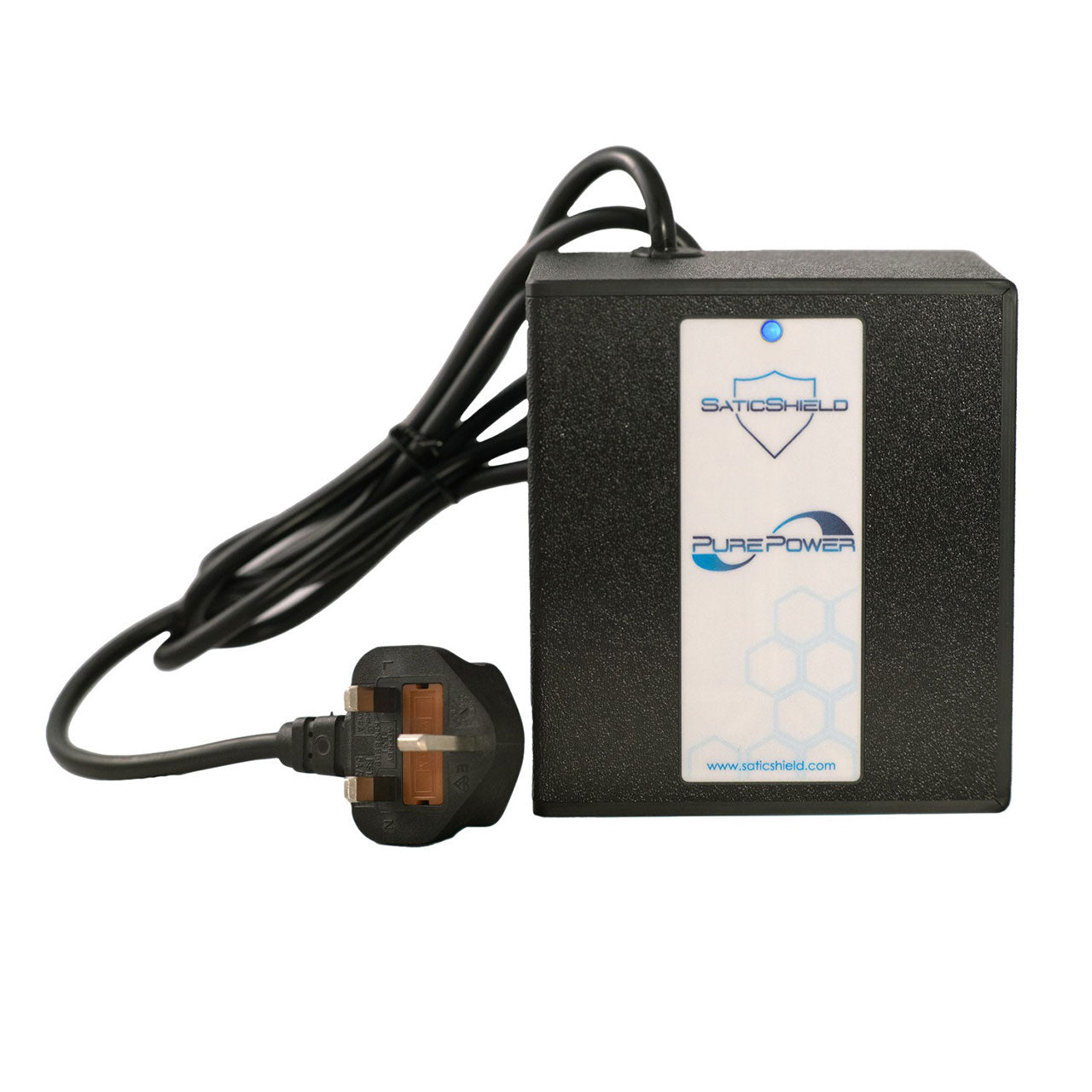 Satic Pure Power UK plug-in dirty electricity filter with black cable and brown UK power plug attached.