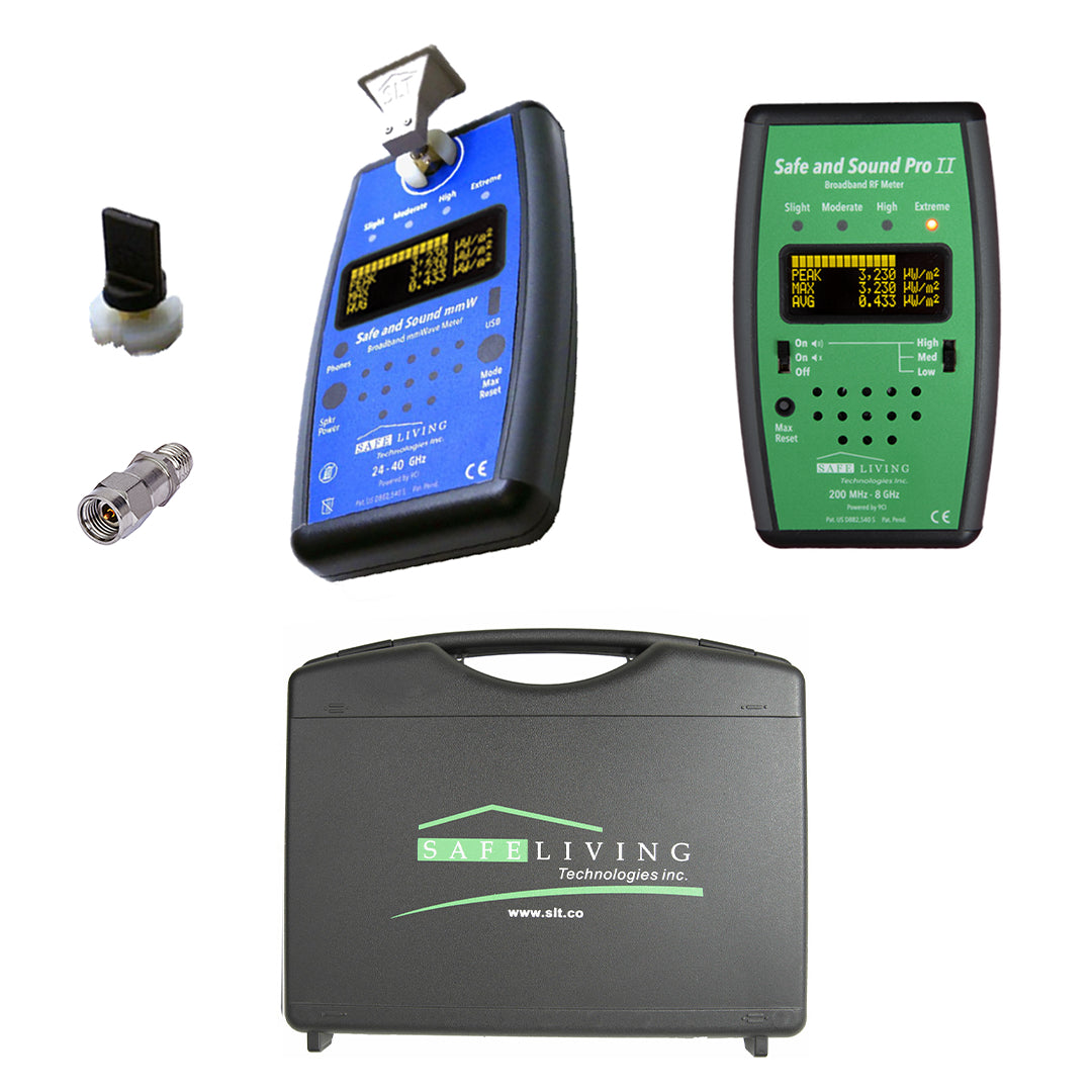 SLT Pro RF Meter Kit contents: blue Safe and Sound III meter, green Safe and Sound Pro II meter, antenna, connector, and carrying case.