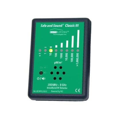 Safe and Sound Classic III RF detector with green display showing signal strength bars and frequency range 200MHz-8GHz indicator.