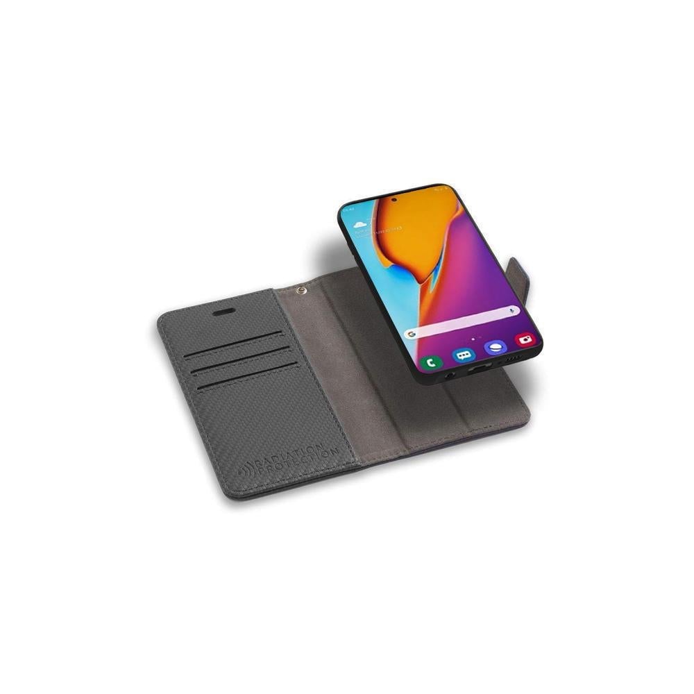 SafeSleeve Detachable Case for Samsung Galaxy shown open with phone displaying colorful gradient wallpaper and home screen icons.